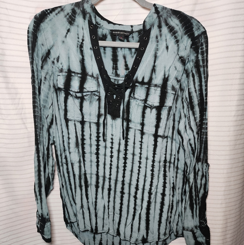 Rock & Republic Black and Gray Lace-Up Top